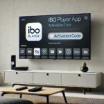 IBO Player Activation Screen on Smart TV in a Minimalist Living Room Setting