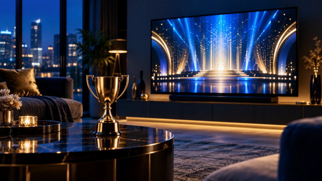 Gold trophy beside a television awards stage for the 2026 Emmy Awards viewing guide