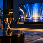 Gold trophy beside a television awards stage for the 2026 Emmy Awards viewing guide
