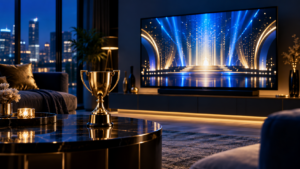 Gold trophy beside a television awards stage for the 2026 Emmy Awards viewing guide