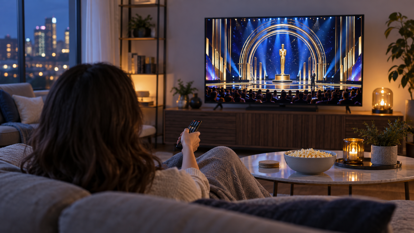 Viewer using a remote control in a modern living room during a television awards show