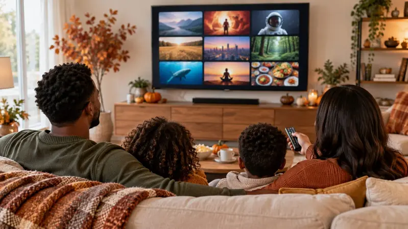 Family choosing entertainment during a cozy fall TV night in 2026