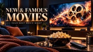 New and famous movies to watch in 2026, home cinema with film reel and popcorn